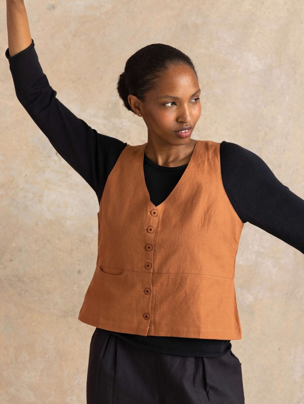 Gudrun Sjoden Esme Woven Vest Linen Cotton Button Front Acorn Brown XXL